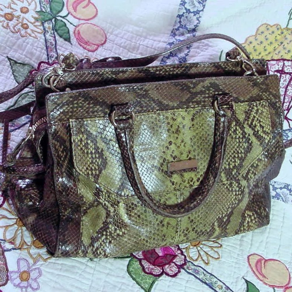Via Repubblica Italian Leather Green & Brown Snakeskin Satchel Shoulder Purse
